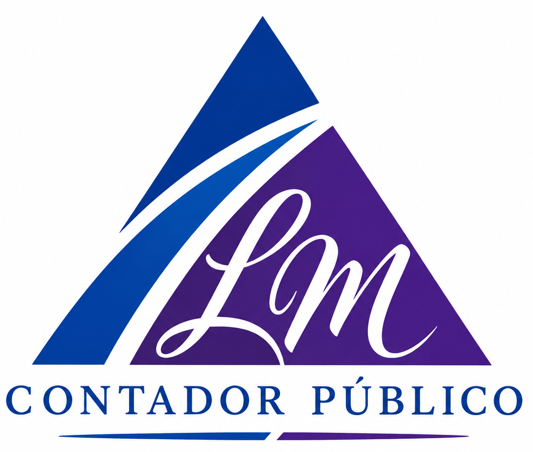 Logo de LM Contador Público, con triángulo azul y morado