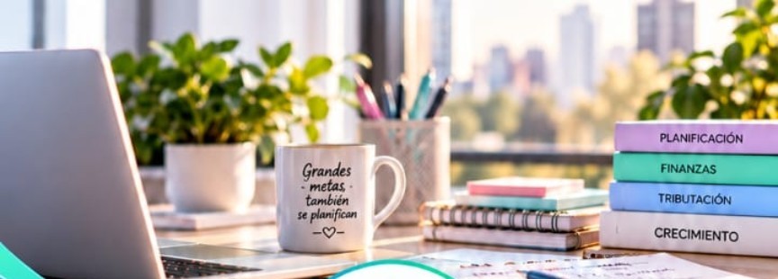 Escritorio con computadora, libros y material de planeación fiscal